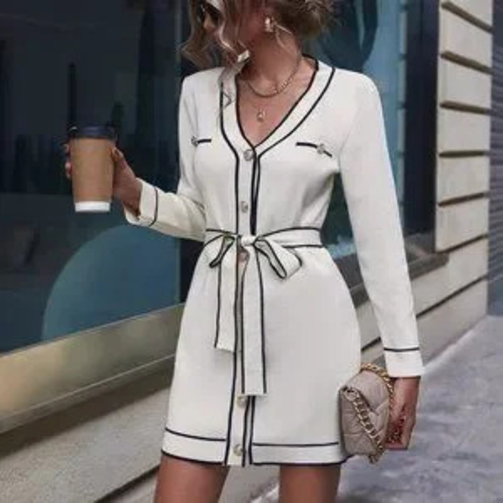 ZARA Beige Preppy Womens Contrast Piping Belted Sweater Dress